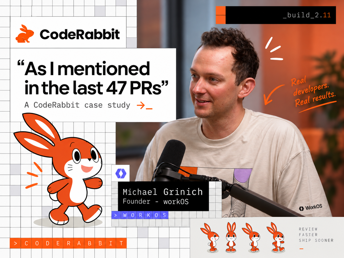 CodeRabbit motion toolkit montage with branded titles, a podcast lower third, the orange rabbit mascot, and character animation poses.